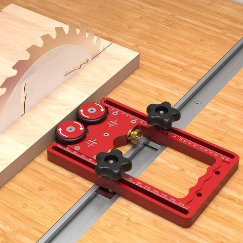 CNC Machined Aluminum Alloy Double Wheel Bearing Roller Features Wide Nonskid Rubber Wheels That Run Slick On Table Saw Router Tables And Band Saw Jigs Keeps Wood Tracking Dead Straight mounted near blade.