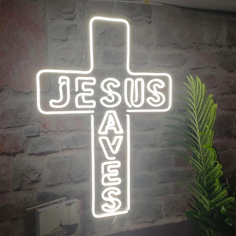 Jesus Saves Neon Sign Cross LED Light 3D Art Wall Decor 20x14 In Lit Night Glow For Church Home Window Memorial Gift