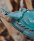 Close-up of Outdoor Garden Bird Bath With Bird In Green Weather Resistant Polyresin 30 Inch Durable Yard Decor For Bird Lovers