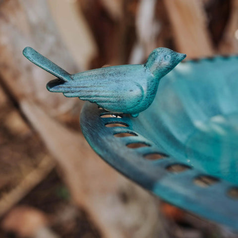 Close-up of Outdoor Garden Bird Bath With Bird In Green Weather Resistant Polyresin 30 Inch Durable Yard Decor For Bird Lovers