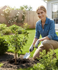 Person gardening with 10 Piece Go To Garden Trowel Set With Heavy Duty Hand Shovels Soft TPR Handles Mini Spade for planting a small tree.