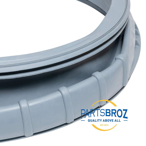 Genuine OEM Door Boot Seal For Front Load Washing Machines Grey Replacement Leak Seal DC64-00802A shown close-up angle