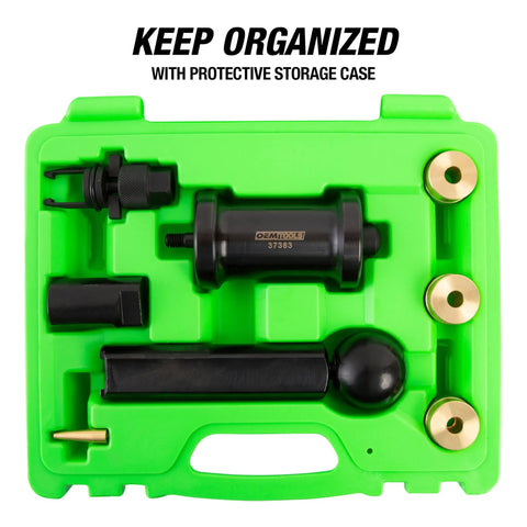 Shop Ready Pro Grade Fuel Injector Removal Tool Kit for VW and Audi 2.0T with storage case and components visible
