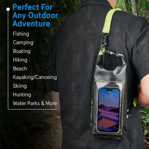 Person carrying IP68 Waterproof Dry Bag 2L Roll Top Backpack With Phone Case And Pouch for outdoor activities.