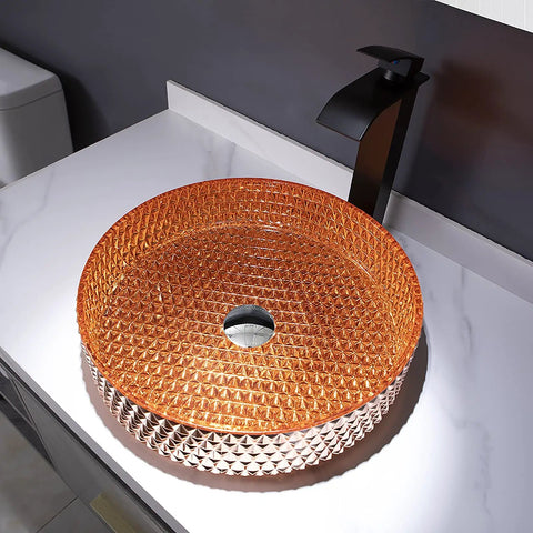 USZWBY Bathroom Vessel Sink Vanity Glass Vessel Bowl Sink Cylindrical Countertop Sink Bowl Above Counter Sink Art Basin with Waterfall Faucet and Pop Up Drain,Gold on white countertop.