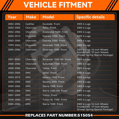 Vehicle fitment chart for 2WD Front Wheel Bearing Hub Assembly 515054 With ABS For Chevy Silverado 1500 1999-2006