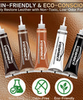 Brown Leather Repair Kit For Furniture And Auto Interiors With Quick Drying Adhesive To Fix Scratches Tears Holes And Peeling On Couches Sofas Jackets And Purses Featuring Super Easy Step By Step Instructions, showing color options.