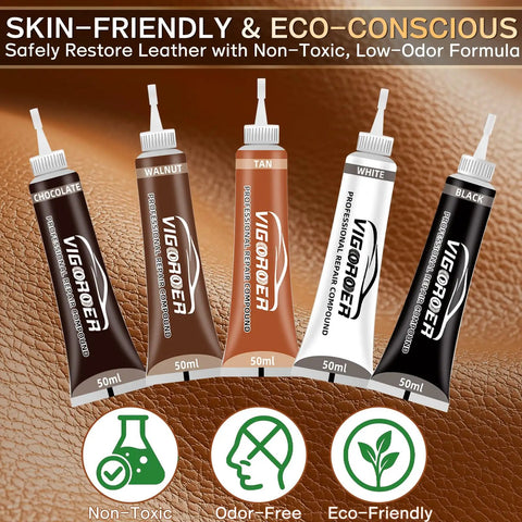 Brown Leather Repair Kit For Furniture And Auto Interiors With Quick Drying Adhesive To Fix Scratches Tears Holes And Peeling On Couches Sofas Jackets And Purses Featuring Super Easy Step By Step Instructions, showing color options.