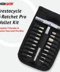 Open T-Handle Ratchet Wallet Kit displaying tools and bits in a slim carry case for on-the-go bike maintenance.