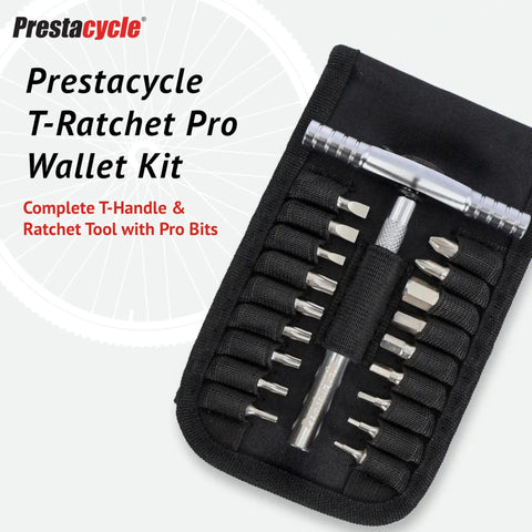 Open T-Handle Ratchet Wallet Kit displaying tools and bits in a slim carry case for on-the-go bike maintenance.