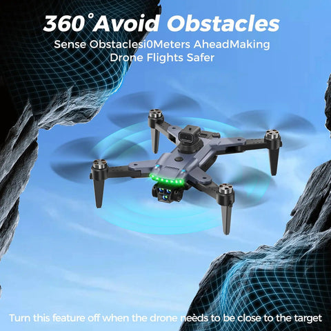 Pro Grade 4K Camera GPS Drone With Auto Return in flight, demonstrating 4 way obstacle avoidance in rocky environment