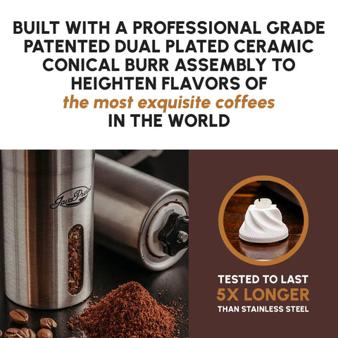 Manual Stainless Steel Coffee Grinder with 18 adjustable settings featuring ceramic conical burr, shown grinding coffee beans.