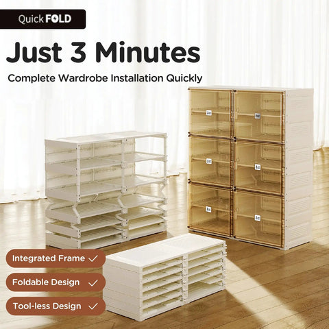 Portable Shoe Rack Organizer For Closet And Entryway, The Go To 10 Tier Sneaker Storage Cabinet With Magnetic Clear Door in assembly process, showing foldable modular design and integrated frame in room.