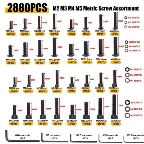Chart of M2-M5 metric screws with quantities and hex wrenches included
