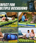 Double Sleeping Pad For Two With Built In Pillows, ideal for camping, tent, backpacking, and beach use, shown in different settings.