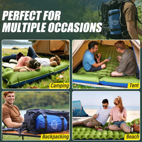 Double Sleeping Pad For Two With Built In Pillows, ideal for camping, tent, backpacking, and beach use, shown in different settings.