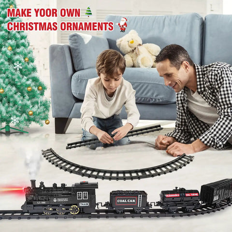 Father and son assemble Electric Train Set For Kids With Steam Locomotive And Cargo Cars Tracks And Railway Kit next to Christmas tree.