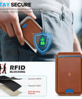 Top Shelf Genuine Leather MagSafe Wallet With Integrated Stand Holds Six Credit Cards Securely Showcased In Smooth Brown Oil Waxed Cowhide in pocket.