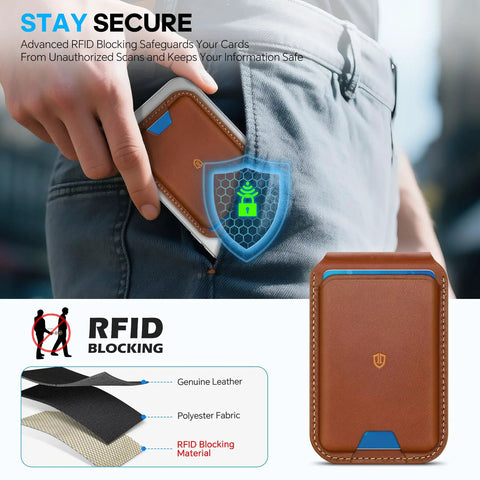 Top Shelf Genuine Leather MagSafe Wallet With Integrated Stand Holds Six Credit Cards Securely Showcased In Smooth Brown Oil Waxed Cowhide in pocket.