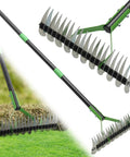 65 Inch Thatch Rake With 21 Teeth, Dual Sided 13 Inch Wide Head for Thatch Removal, shown on grass and in close-up view.