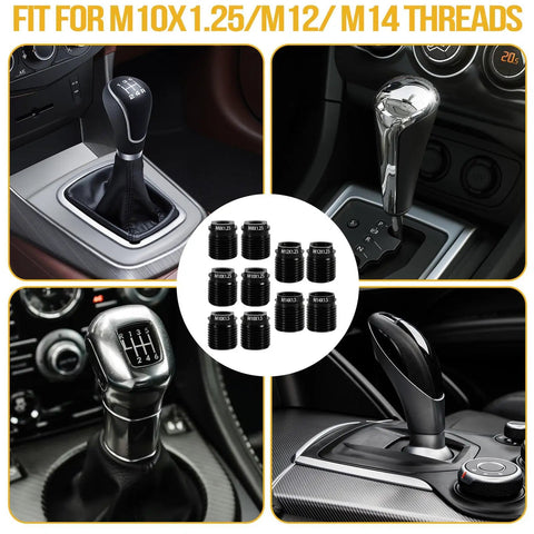 Universal Gear Shift Knob Adapter Kit 10 Pc Aluminum Alloy Thread Adapters M10x1.25 M12 M14 Quick Install Slick Fit