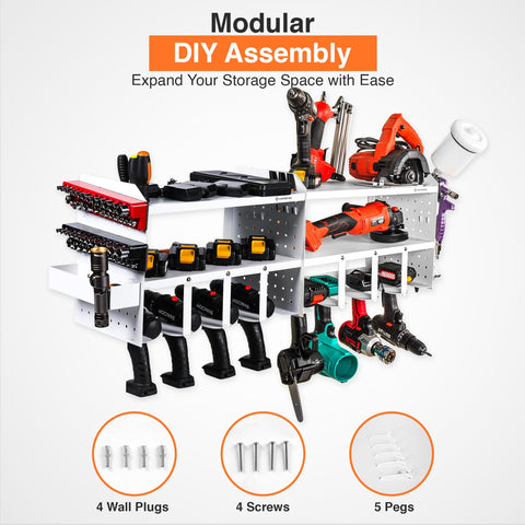 Power Tool Organizer Wall Mount 3 Layer Heavy Duty Cordless Tool Organizer With 4 Drill Hangers Modular Battery Tool Rack
