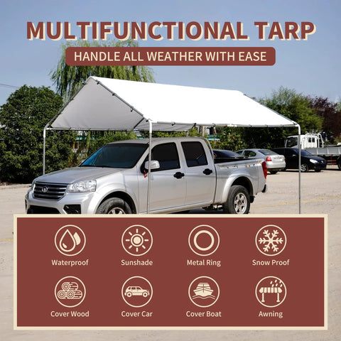 Heavy Duty White Tarp 20x30 Waterproof 7.5 Mil All Purpose Poly Tarps Cover Snow Proof UV Protection over pickup truck.