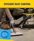 Person using a Stanley vacuum with blue cloth reusable filter with clamp ring for 1 to 5 gallon wet dry vacuums, 9.84 by 9.84 inch.
