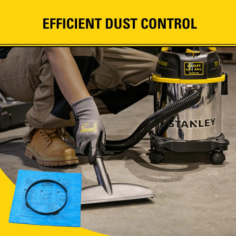 Person using a Stanley vacuum with blue cloth reusable filter with clamp ring for 1 to 5 gallon wet dry vacuums, 9.84 by 9.84 inch.
