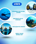 Tank Protection Bundle Kit With Valve Cap Protector And Stretchy Mesh Sleeve For Aluminum Cylinders Yellow Scuba Diving Gear Shield Scratches And Valve Damage Prevention with scuba uses infographic