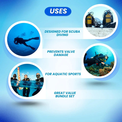 Tank Protection Bundle Kit With Valve Cap Protector And Stretchy Mesh Sleeve For Aluminum Cylinders Yellow Scuba Diving Gear Shield Scratches And Valve Damage Prevention with scuba uses infographic