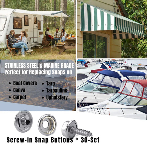 Stainless Steel Snaps Kit With 210 Pieces Marine Grade 15mm Snap Buttons, Screws And Press Studs For Boat Canvas Covers Upholstery Cushions Leather Tents Tarps Carpets And More Durable Carry Case Included