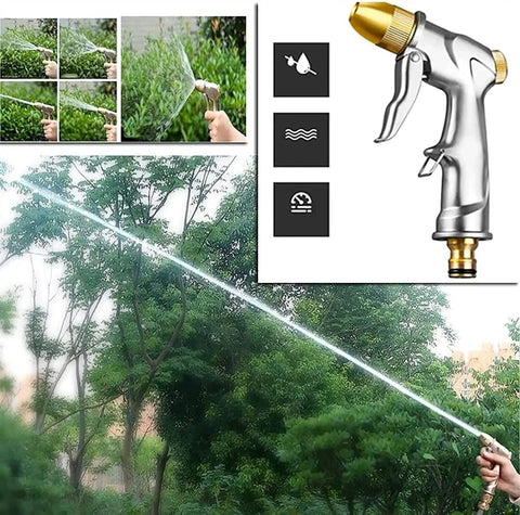 High pressure spray gun for watering plants, showing stainless steel design and spray options, part of Top Notch Stainless Steel Hose Reel With Wall Mount Heavy Duty 40M Water Coil Rack And High Pressure Spray Gun For Garage Backyard Grind And Weekend Projects Built To Last.