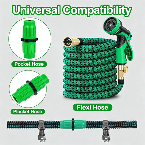 Fix Your Expandable Garden Hose Fast With This 8 Piece Repair Kit Featuring Dual Channel Female And Male Connectors Plus Metal Clamps For Secure 3/4 Or 5/8 Inch Fit No Tools Needed For Quick Leaks Fixes Today. Green garden hose repair kit with connectors and clamps