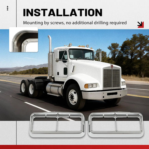 Pair Headlight Bezel With Visor For 4x6 Dual Rectangular Headlamps Fits Kenworth T400, installation shown on truck