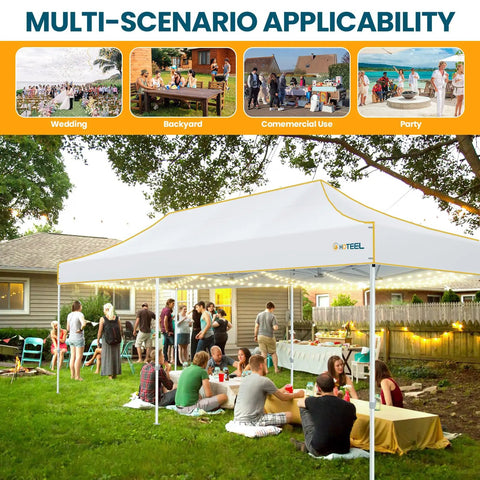 Heavy Duty 10x20 Pop Up Canopy Tent With Six Sidewalls set up in a backyard party, hexagonal frame visible under trees.