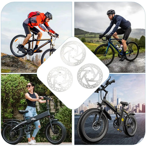 Cyclists on various terrains with 140mm 6-Bolt Stainless Steel Bike Disc Brake Rotor for road, mountain, BMX, and scooters.