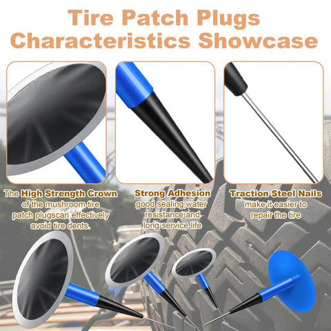 On The Go Roadside Tire Patch Kit With 24 Plugs In Sizes 1.42 1.81 And 2.36 In showing plug characteristics and materials