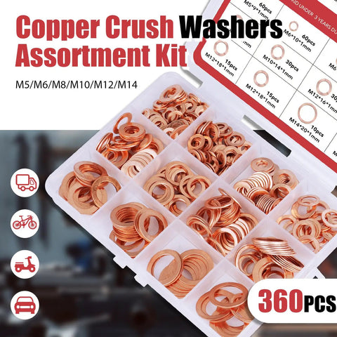 Must Have Pro Grade Copper Washer Set 360 Pcs With 10 Metric Sizes M5 M6 M8 M10 M12 M14 in organized case