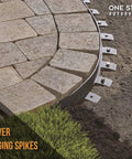 Installed USA Made 50 Pack 8 Inch Plastic Landscape Edging Anchoring Stakes, Spiral Spikes for paver edging and turf.