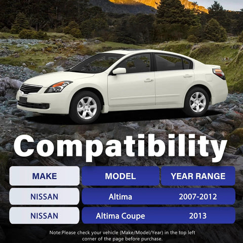 Image showing compatibility chart for Front Lower Control Arm With Ball Joint Assembly Replacement For 2007-2012 Nissan Altima And 2013 Altima Coupe Models.