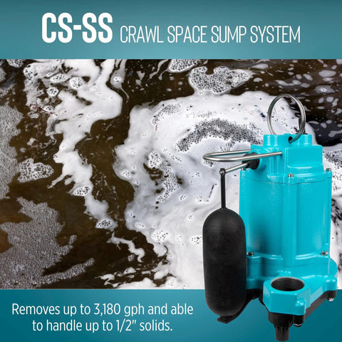 115-Volt Sump Pump System for Crawl Spaces, 1/3 HP, 3000 GPH, Blue and Black pump with water background