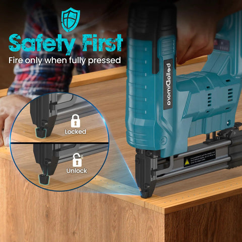 Badass Two In One Cordless Brad Nailer And Staple Gun Combo with safety lock feature for secure cabinet refinishing.