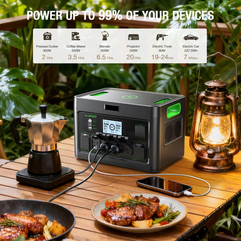 Portable Power Station 2400W Solar Generator With 2x200W Foldable Solar Panels, 1843.2Wh LiFePO4 Battery on outdoor table