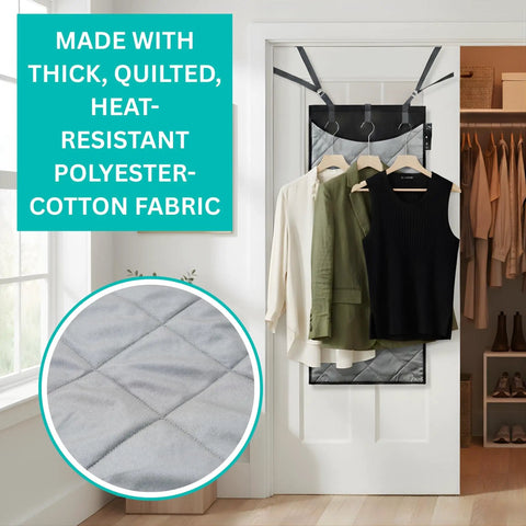Over The Door Clothes Steamer Pad For Ironing And Garment Steam XL Protective Press Mat with hooks on a white door