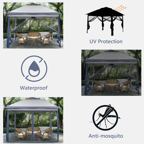 11x11 Pop Up Canopy Tent With Netting And Carry Bag, Easy Setup Outdoor Gazebo For Backyard, Spacious Blue Party Shelter With Mesh Walls For Bug Protection