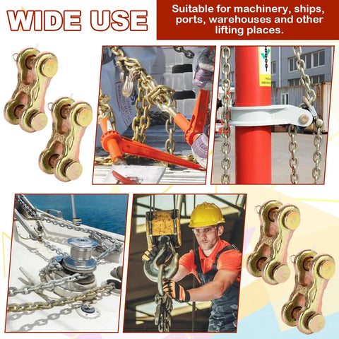 Heavy Duty 6 Pack 3/8 Inch G70 Alloy Steel Safety Chain Repair Links Forged Twin Clevis Connector in use with machinery and chains.