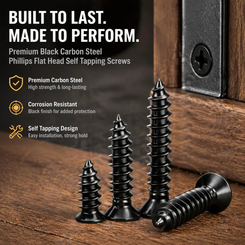 Badass 1000 Piece Wood Screw Assortment Kit With Phillips Flat Head Self Tapping Screws M2 M3 M4 High Hardness Hardware Set showing black carbon steel screws.