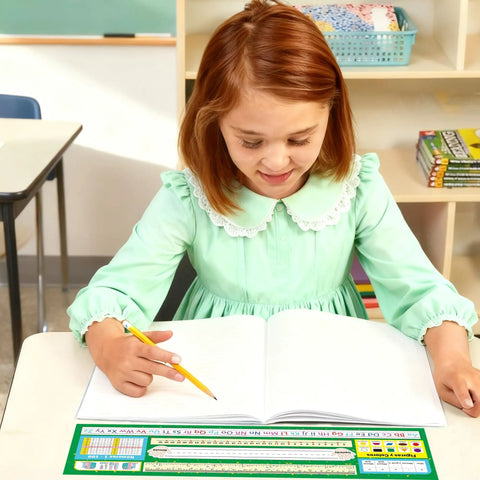 Girl in classroom writing with Durable 30 Pack Spanish Desk Nameplates Waterproof 4X14 Inch Name Tags For Classroom Use