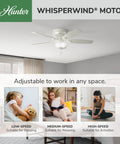 52 Inch Indoor Ceiling Fan With LED Light White Flush Mount Hugger Design Pull Chain Operation Five Blades Low-Speed Option